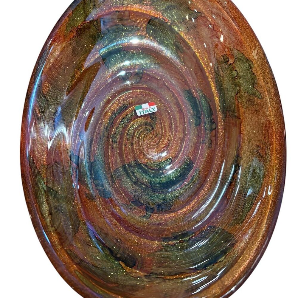 Il Quadrifoglio Hand Blown Glass Vase Orange Glitter Swirl Italian Art